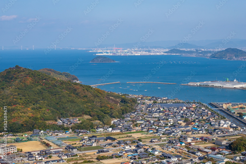Landscape of takuma town and takuma port , view from Mt. bakuchi , mitoyo city, kagawa, shikoku, japan	