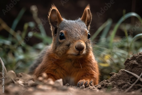 Close up of a squirrel on earthy ground. Generative AI