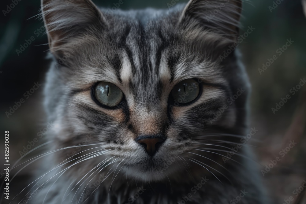 One of the eyes of a stray grey cat in a park was hurt. Generative AI