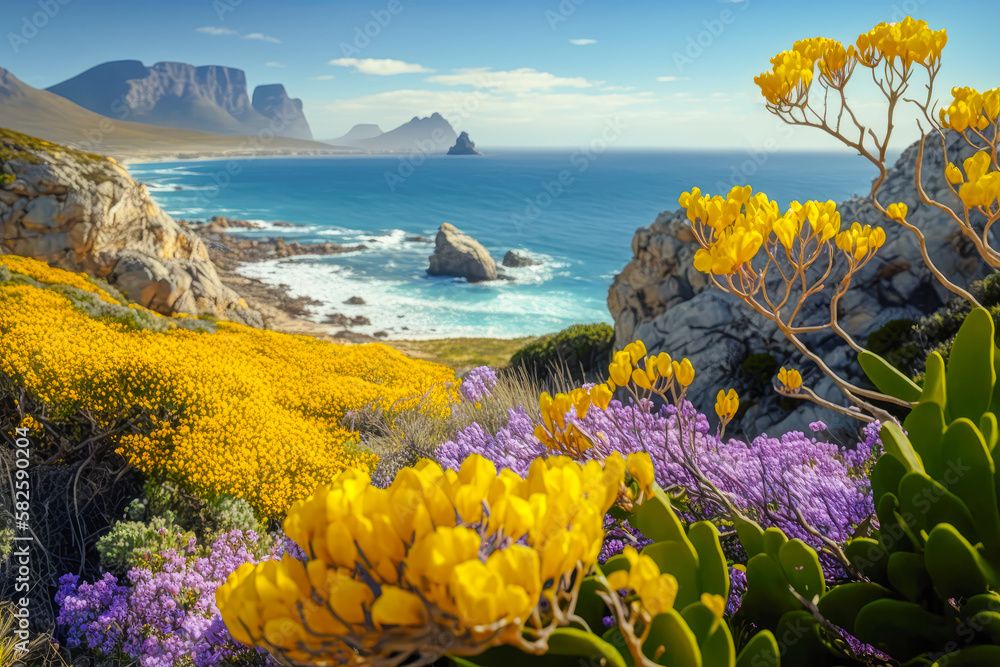 Naklejka premium The vibrant wildflowers and rugged coastline of Cape Town, South Africa, with sweeping views of the Atlantic Ocean - Generative AI
