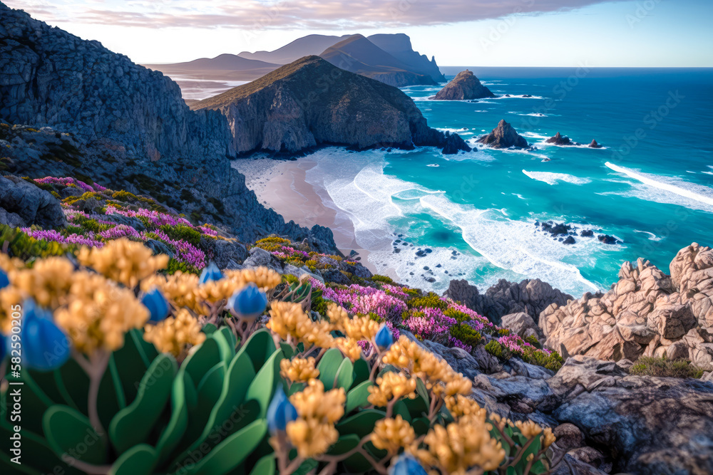 Fototapeta premium The vibrant wildflowers and rugged coastline of Cape Town, South Africa, with sweeping views of the Atlantic Ocean - Generative AI