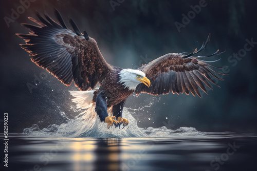 A majestic bald eagle swooping down to catch a fish in its talons, with the water splashing up around it - Generative AI