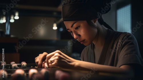 Asian cook prepares Sushi in a Japanese Restaurant - made with Generative AI tools