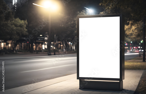 Empty white blank billboard digital sign poster mockup on urban street at night for advertising, marketing