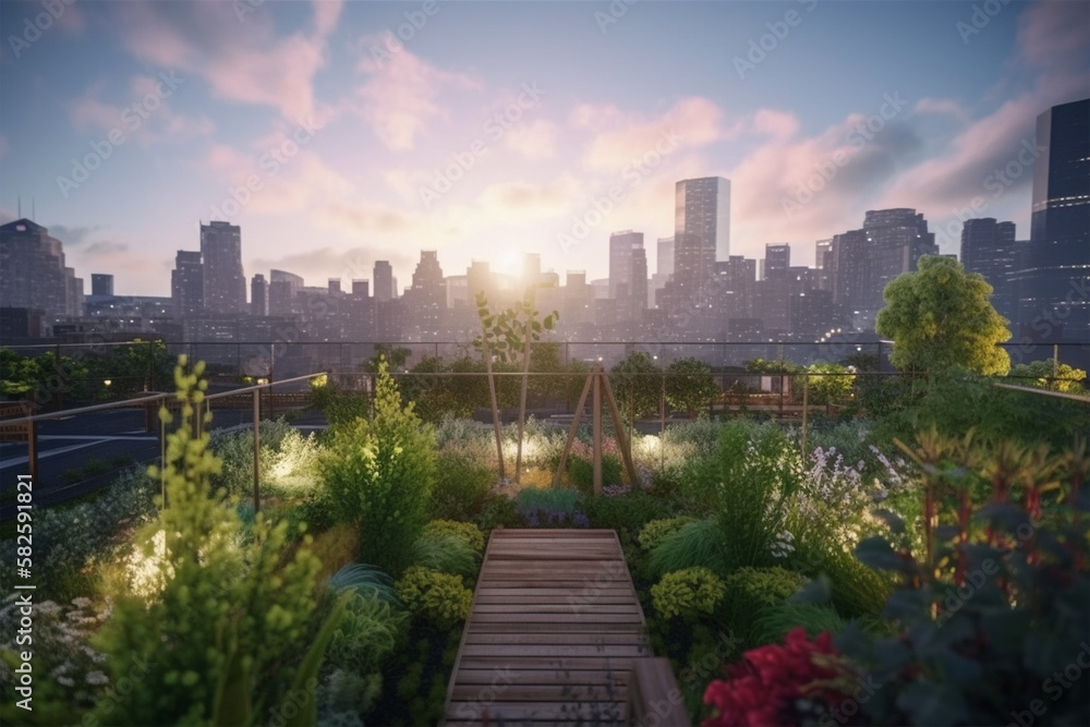 Obraz premium Garden in a rooftop with city skyline view background made by generative ai