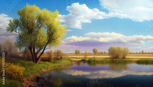 A spring landscape with a river and trees and a blue sky with the sun shining through, generative AI