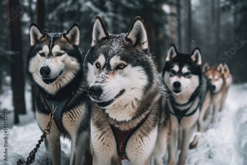 Here, a group of energetic and powerful husky dogs are pulling a sleigh. Generative AI