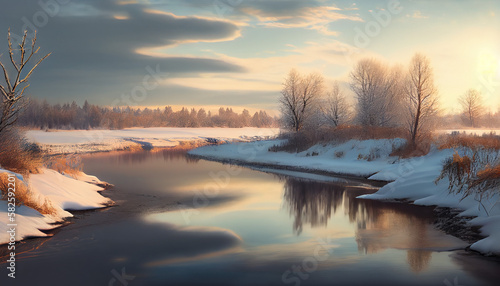 A cold winter landscape with a river and trees and a cloudy sky with the sun shining through, generative AI