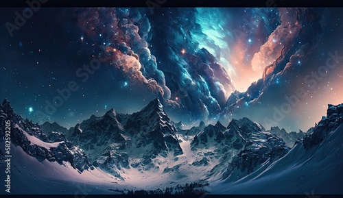 Snow mountain Galaxy milky way stars other dimension cloud space explosion background AI Generated photo