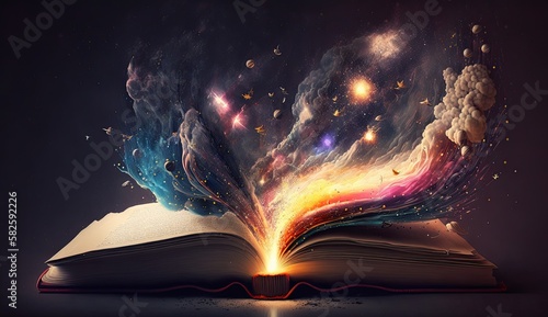 Open book Galaxy milky way stars other dimension cloud space explosion background AI Generated photo