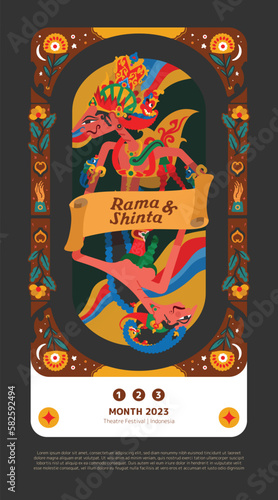 Ramayana sanskrit epic love story idea design with ethnic vibes wayang rama shinta shadow puppet illustration