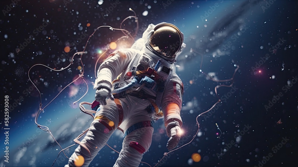 Stranded astronaut in galaxy milky way stars other dimension cloud space explosion background AI Generated