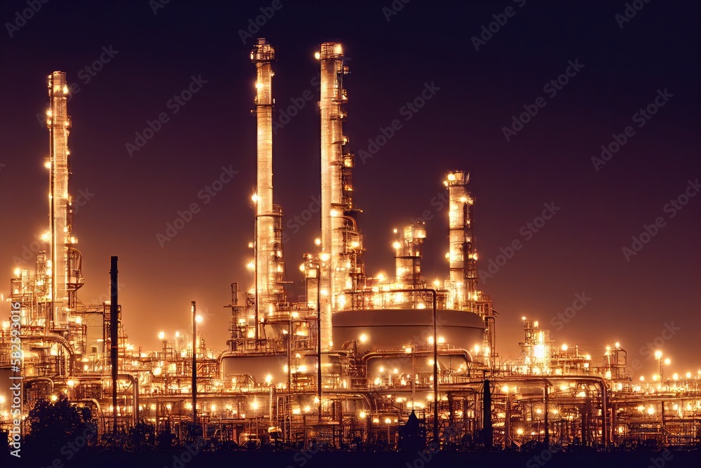 Fototapeta premium Nighttime photo of oil and gas refinery plant. Generative AI