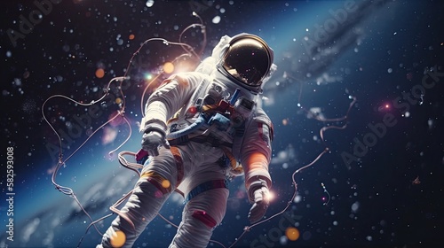 Stranded astronaut in galaxy milky way stars other dimension cloud space explosion background AI Generated © SatuJiwa