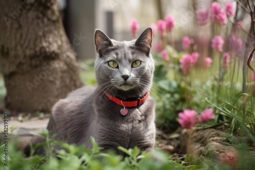 Gray street cat in red collar is seated close to the camera outside in a spring garden. Generative AI