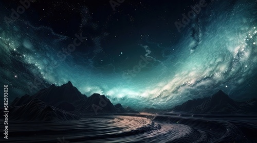 Galaxy milky way ocean at night dreamlike illustration stars other dimension background AI Generated