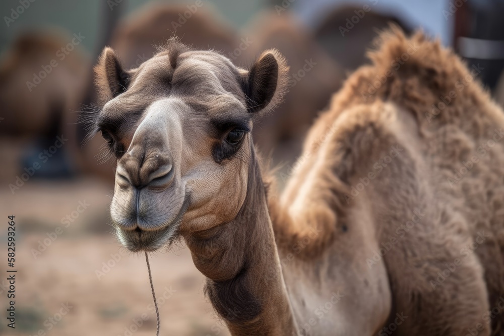 Obraz premium Bahrain's Dromedary Arabian Camel Farm. Generative AI