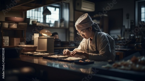 Asian cook preparing sushi in an Japanese restaurant - made with Generative AI tools