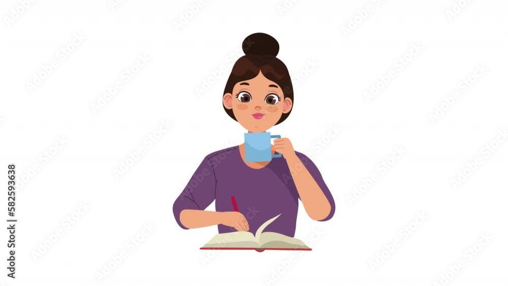 girl writing and drinking coffee character animation girl writing and drinking coffee character animation