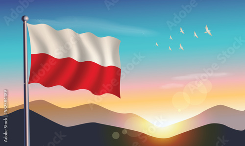 Poland flag with mountains and morning sun in background
