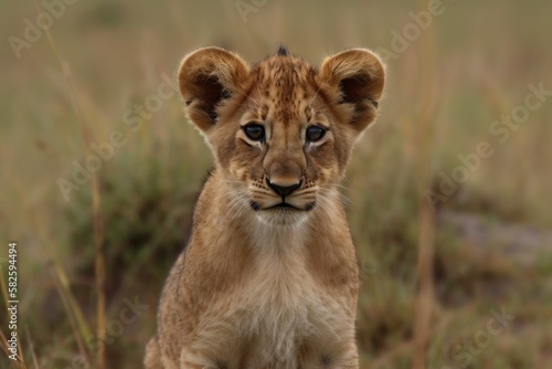 A picture of a lion cub. captured in Kenya's Maasai Mara Game Reserve. Generative AI photo