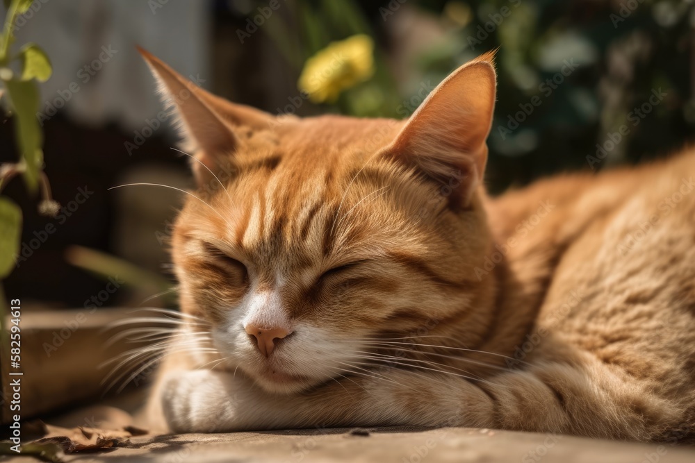 Ginger cat snoozing in the backyard. Generative AI Ginger cat snoozing in the backyard. Generative AI