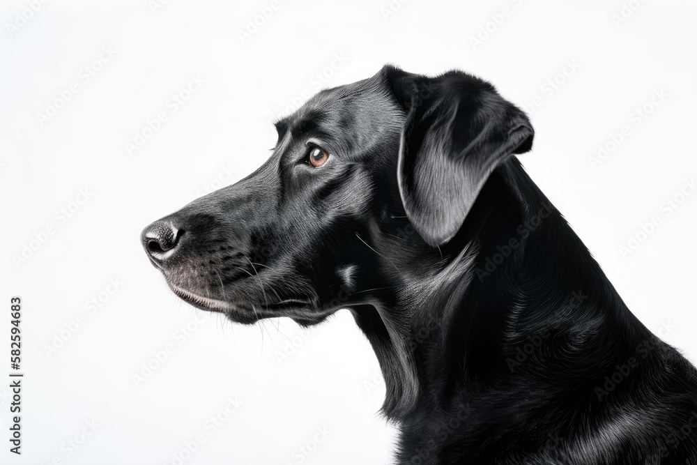 A black dog with a side profile on a white backdrop. Generative AI A black dog with a side profile on a white backdrop. Generative AI