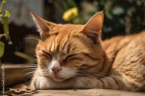Ginger cat snoozing in the backyard. Generative AI