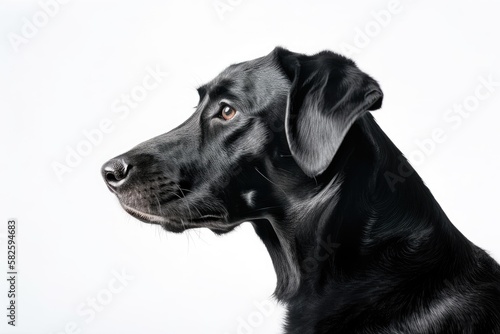 A black dog with a side profile on a white backdrop. Generative AI photo