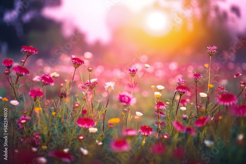 A field of flowers with the sun setting made with generative AI © Malek