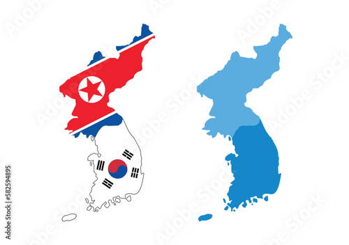 North korea and South korea country map and flag, vector illustration. 