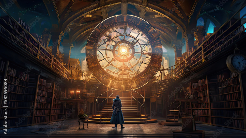 Naklejka premium Illustration of a fantasy portal in a wizard's library.