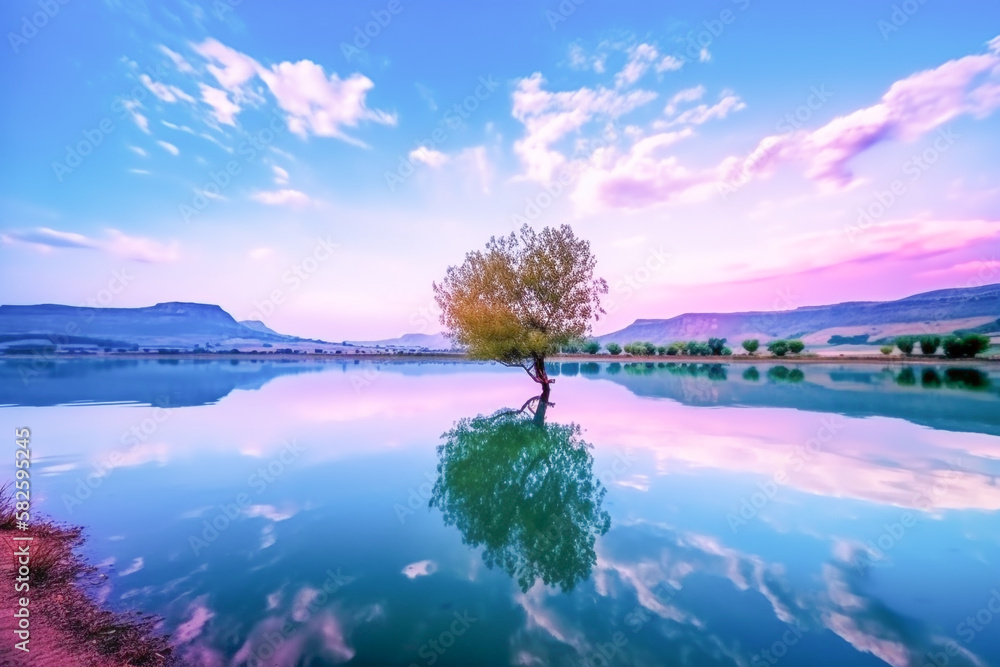 A mesmerizing photograph of a lake during Ramadan, with the water reflecting the colors of the sky made with generative AI
