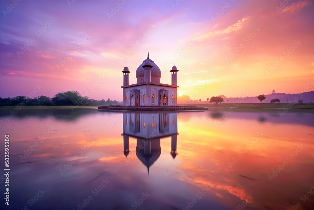 A stunning photograph of a serene lake at sunset, with the reflection of a mosque made with generative AI