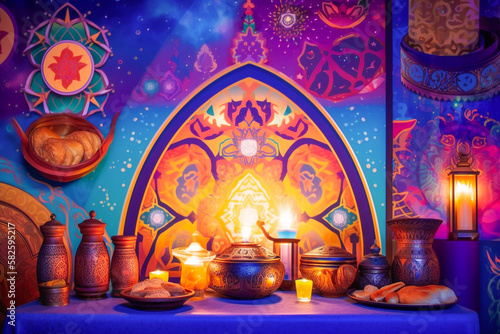 A captivating photograph of a Ramadan - themed mural. The mural is adorned with colorful patterns and symbols made with generative AI