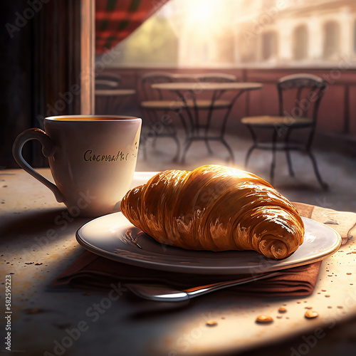 French breakfast cup of coffee with croissant on the table in a street cafe in the morning 