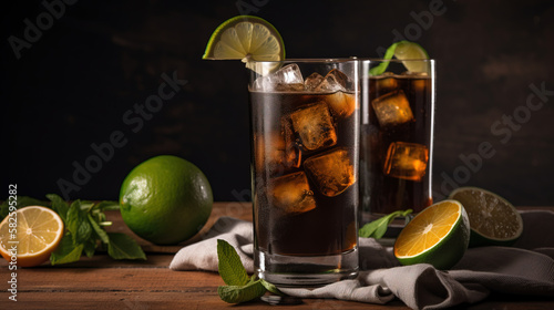 Fresh Cuba Libre cocktail. Made with brown rum, cola, mint and lime. Generative AI.