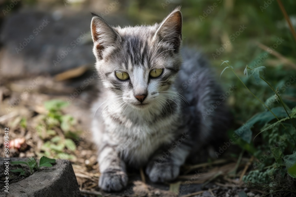 an ill gray kitten with swollen eyes. Generative AI