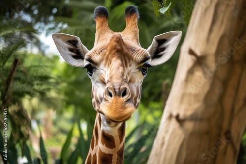 Giraffe looks out in the field in a close up portrait at a zoo in Thailand. Generative AI
