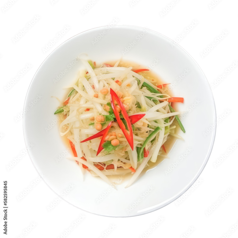 Thai food - som tum (spicy green papaya salad), isolated on transparent background cutout , generative ai Thai food - som tum (spicy green papaya salad), isolated on transparent background cutout , generative ai