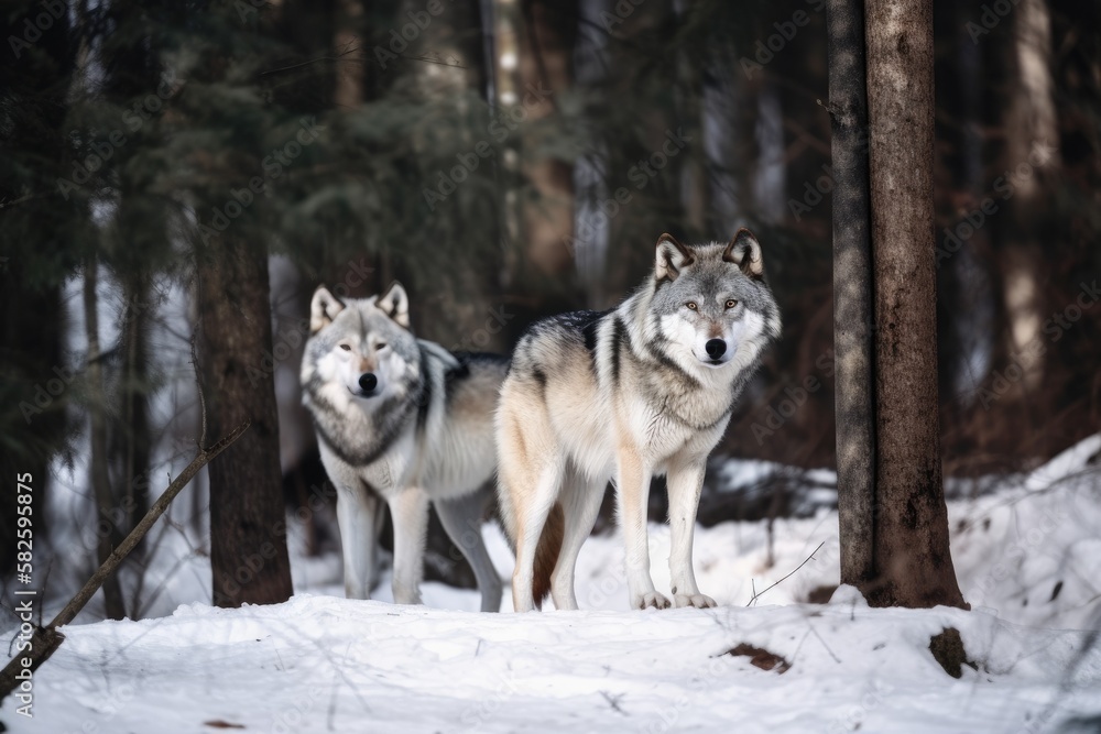 Naklejka premium Wolves in the woods. Generative AI