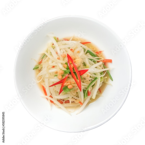 Thai food - som tum (spicy green papaya salad), isolated on transparent background cutout , generative ai