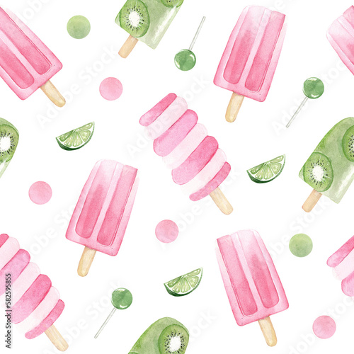 Watercolor pattern of ice cream sweets and fruit. Summer texture of ice cream, lime, dots and lollipops on a white background.