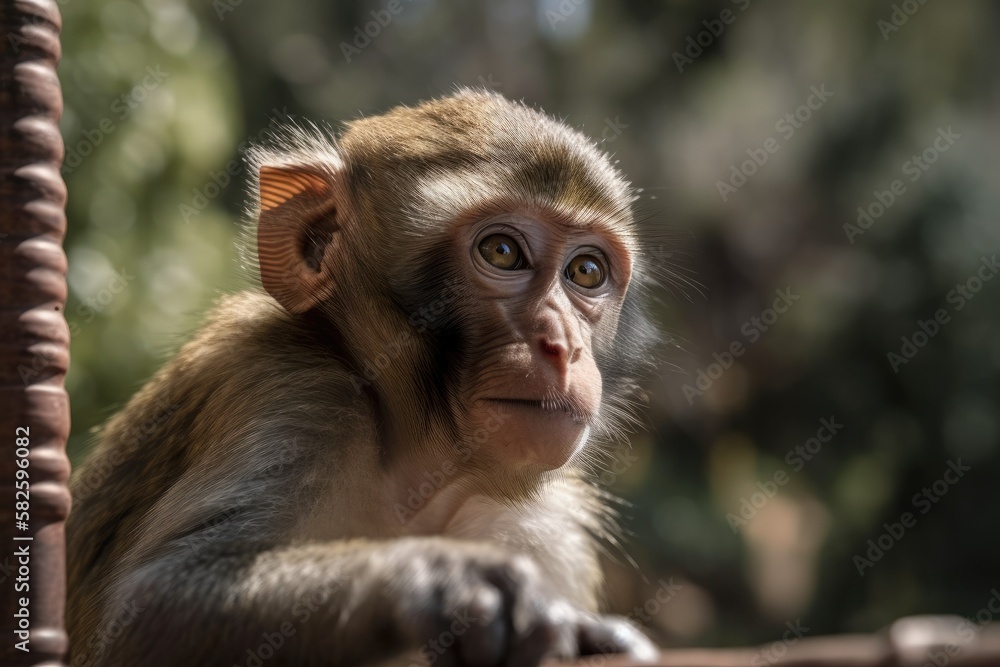 Close up of monkey on railing. Generative AI Close up of monkey on railing. Generative AI