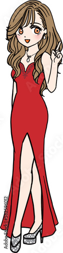 教える赤いドレスのキャバ嬢（全身）
