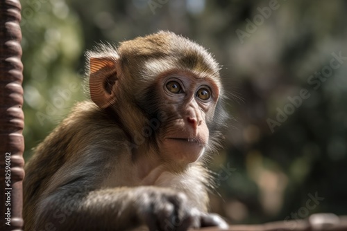 Close up of monkey on railing. Generative AI