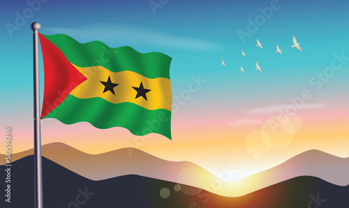 Sao Tome and Principe flag with mountains and morning sun in background