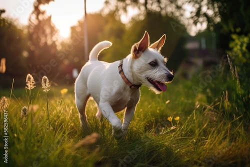 young, active dog out for a stroll. education for puppies, cynology, and rigorous training for young canines. dog walking in the outdoors. Generative AI
