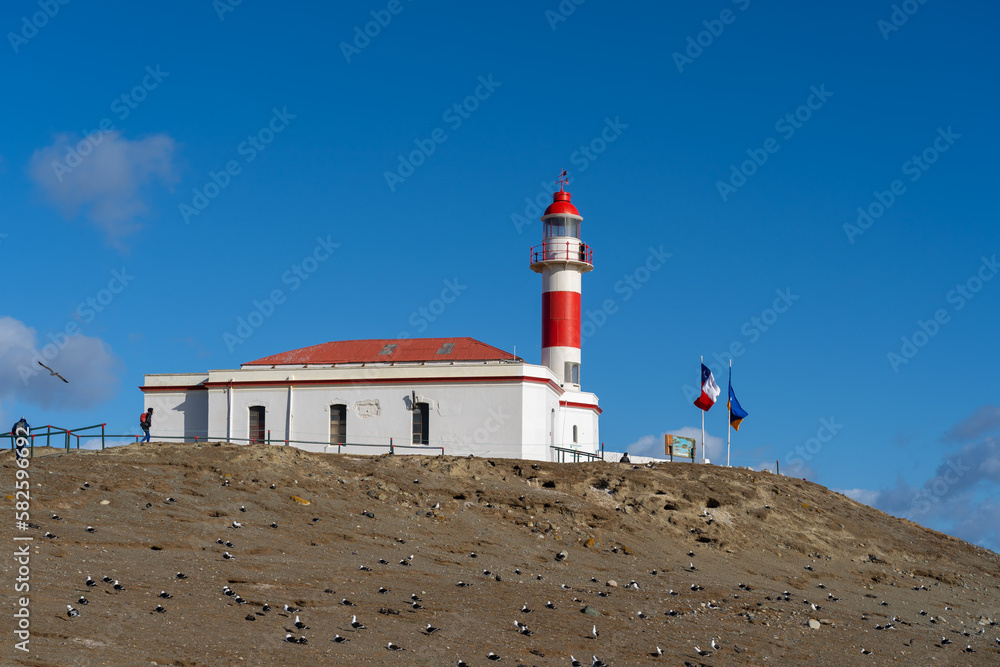 A Lighthouse on Magdalena Island, Punta Arenas, Chile. Magdalena Island is one of the largest nesting sites for Magellanic penguins in Chile.
