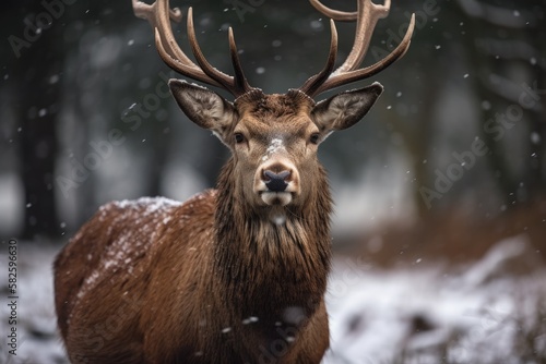 Red deer portrait in a winter forest with snowy background. Generative AI